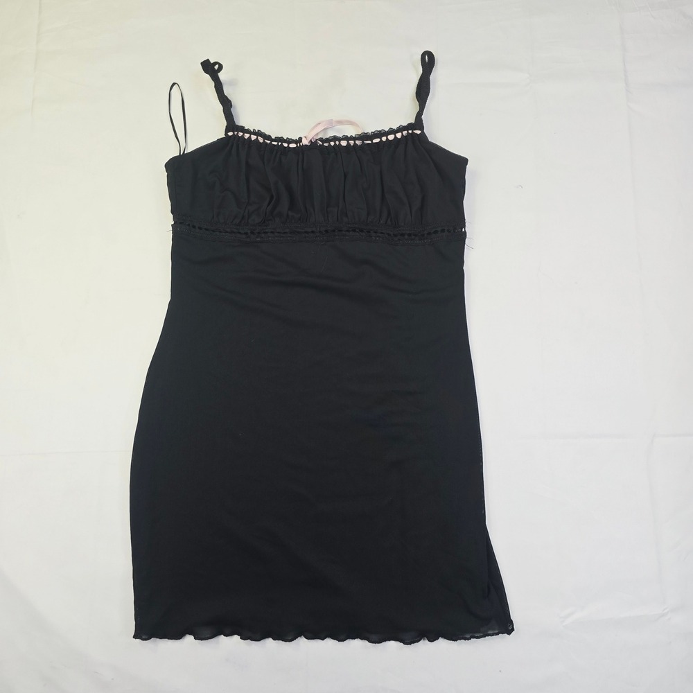 G Lace Trim Cami Mini Dress Women's Size Large Black Pink Ribbon Y2K Aesthetic